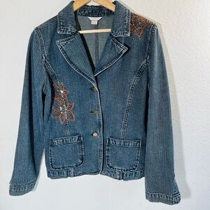 Christopher & Banks Blue Denim Jacket with Brown Embroidery